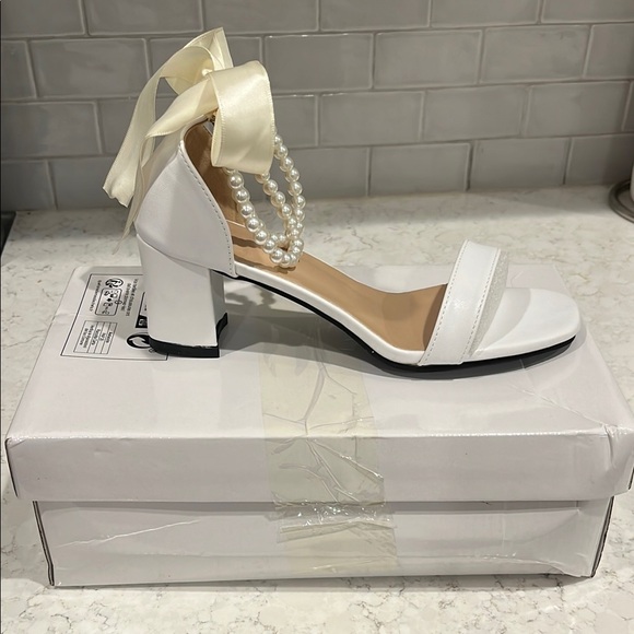 Elegant White Pearl Ankle Strap Heels - Picture 3 of 5